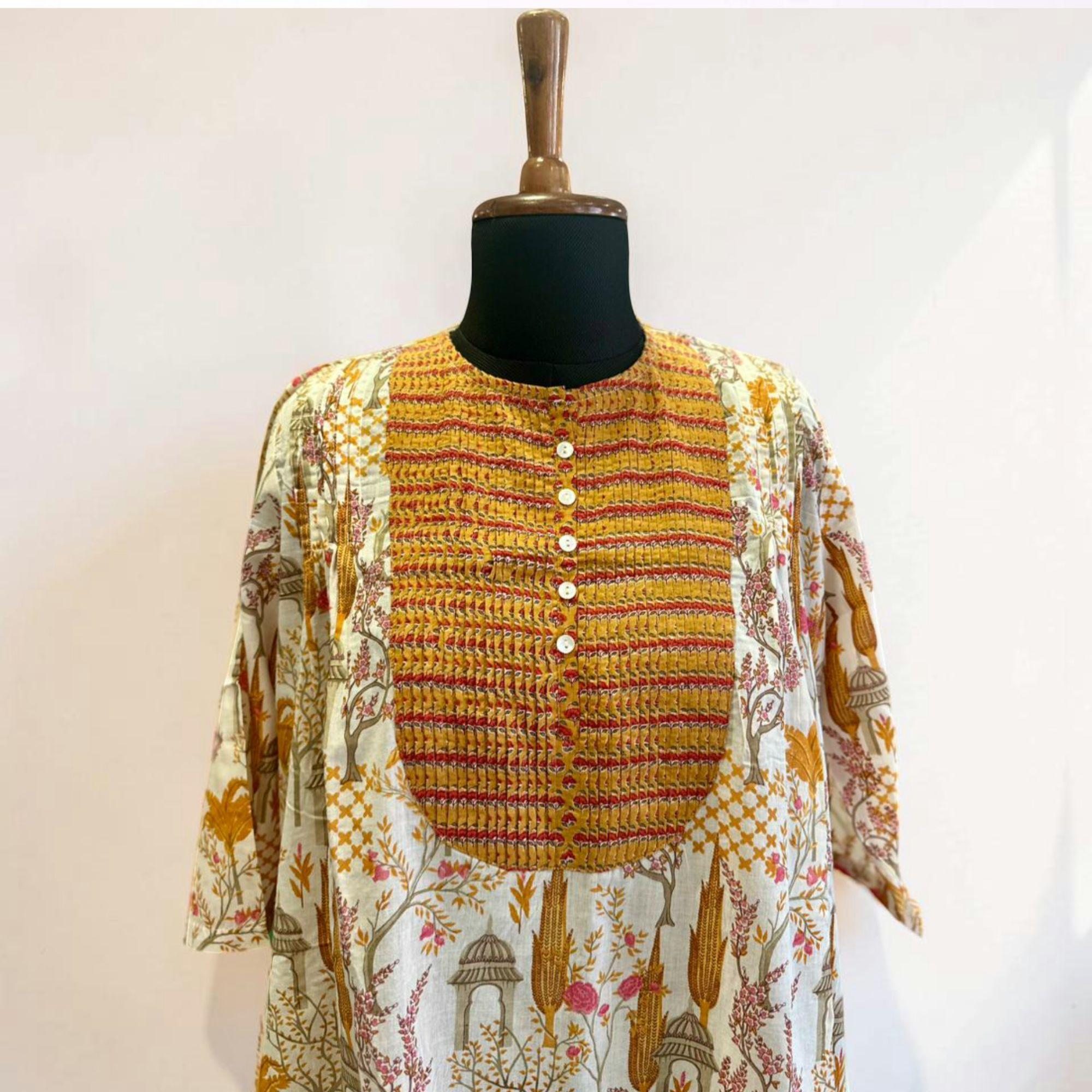 Hand Block Printed Kurta with Elegant Textured Yoke Delicate Button Charm