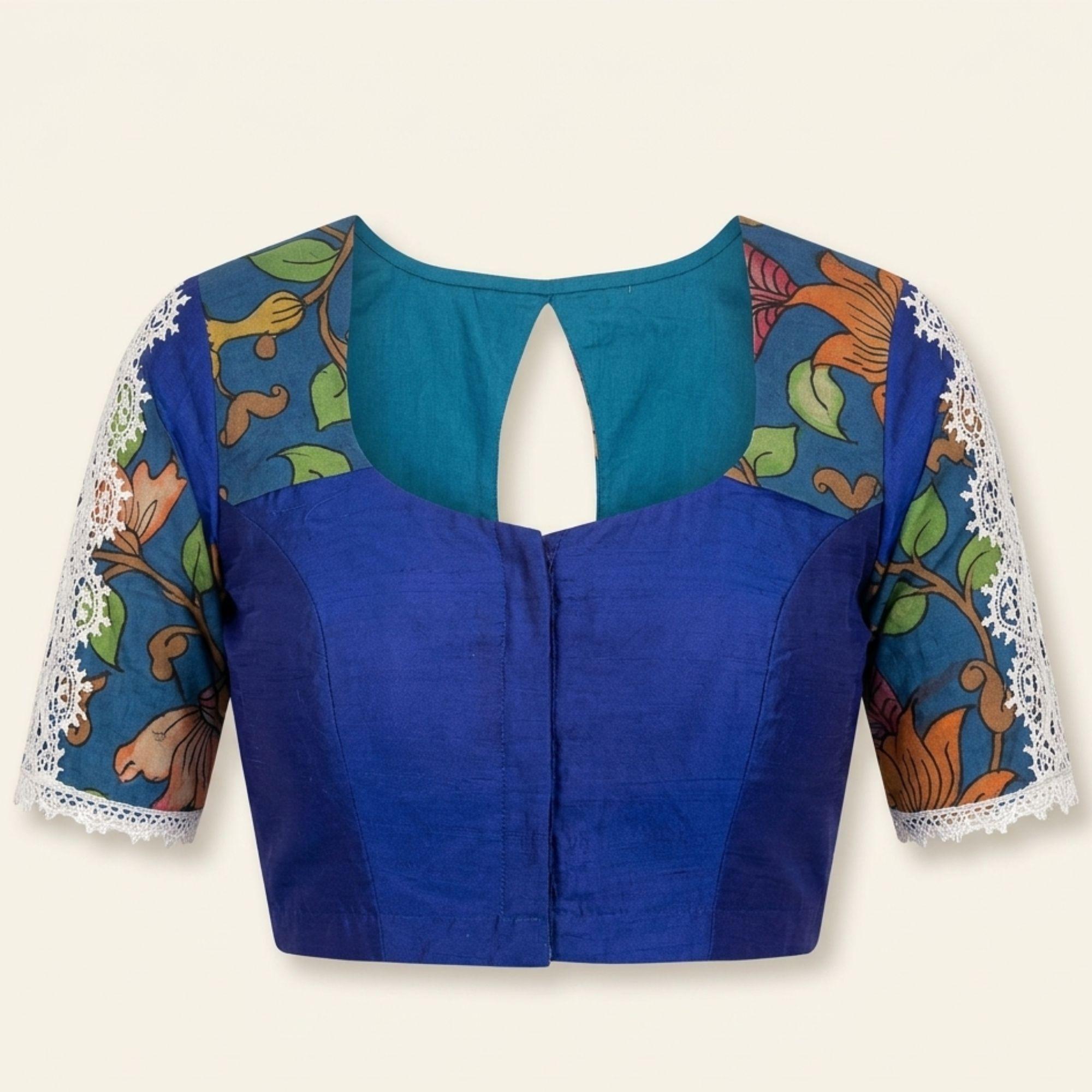 Handcrafted Designer Raw Silk Kalamkari Blouse with Timeless Kasuti Embroidery Charm