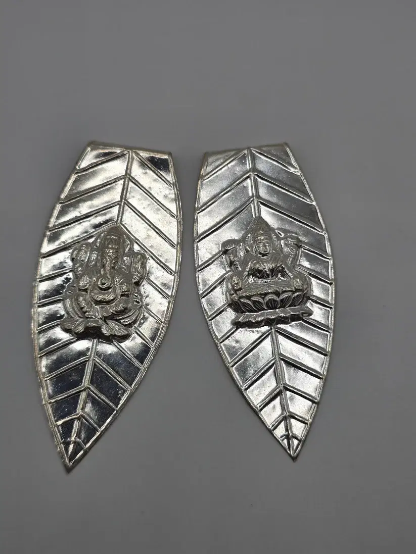 Real Silver Ganesha and Lakshmi Shubh Labh Leaf Wall Hanging Set - Oxidized Finish - silver door decor