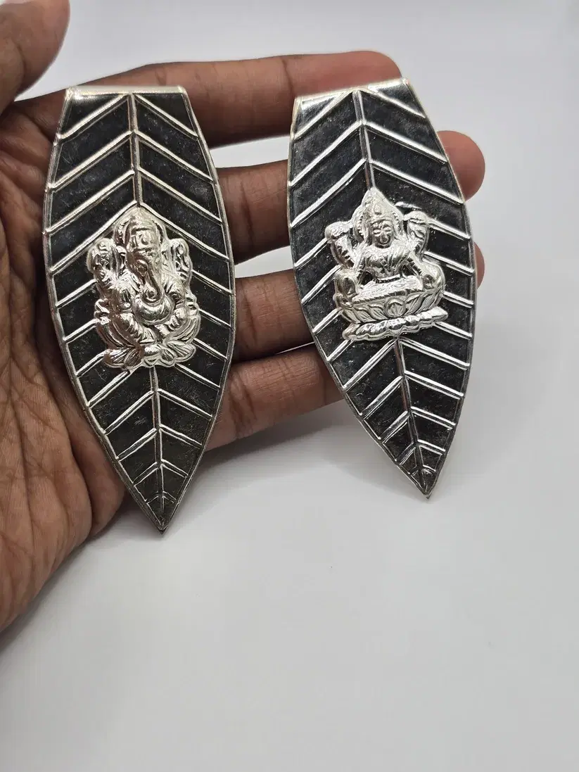 Real Silver Ganesha and Lakshmi Shubh Labh Leaf Wall Hanging Set - Oxidized Finish - silver door decor