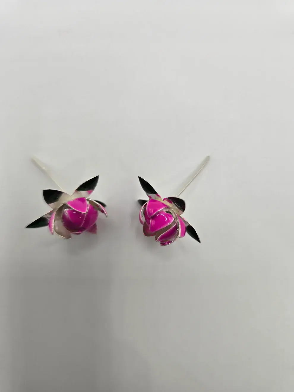 Real Silver Pink Enamel Lotus Buds on Long Stems - Premium Return Gift - Pink green lotus -30000