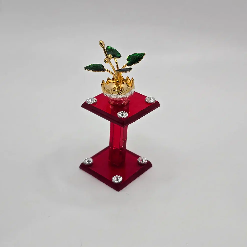 Real Silver Tulsi Kyari Plant with Gold-Toned Finish - Sacred Return Gift - Red acrylic Thulasi Plant for Puja-41000
