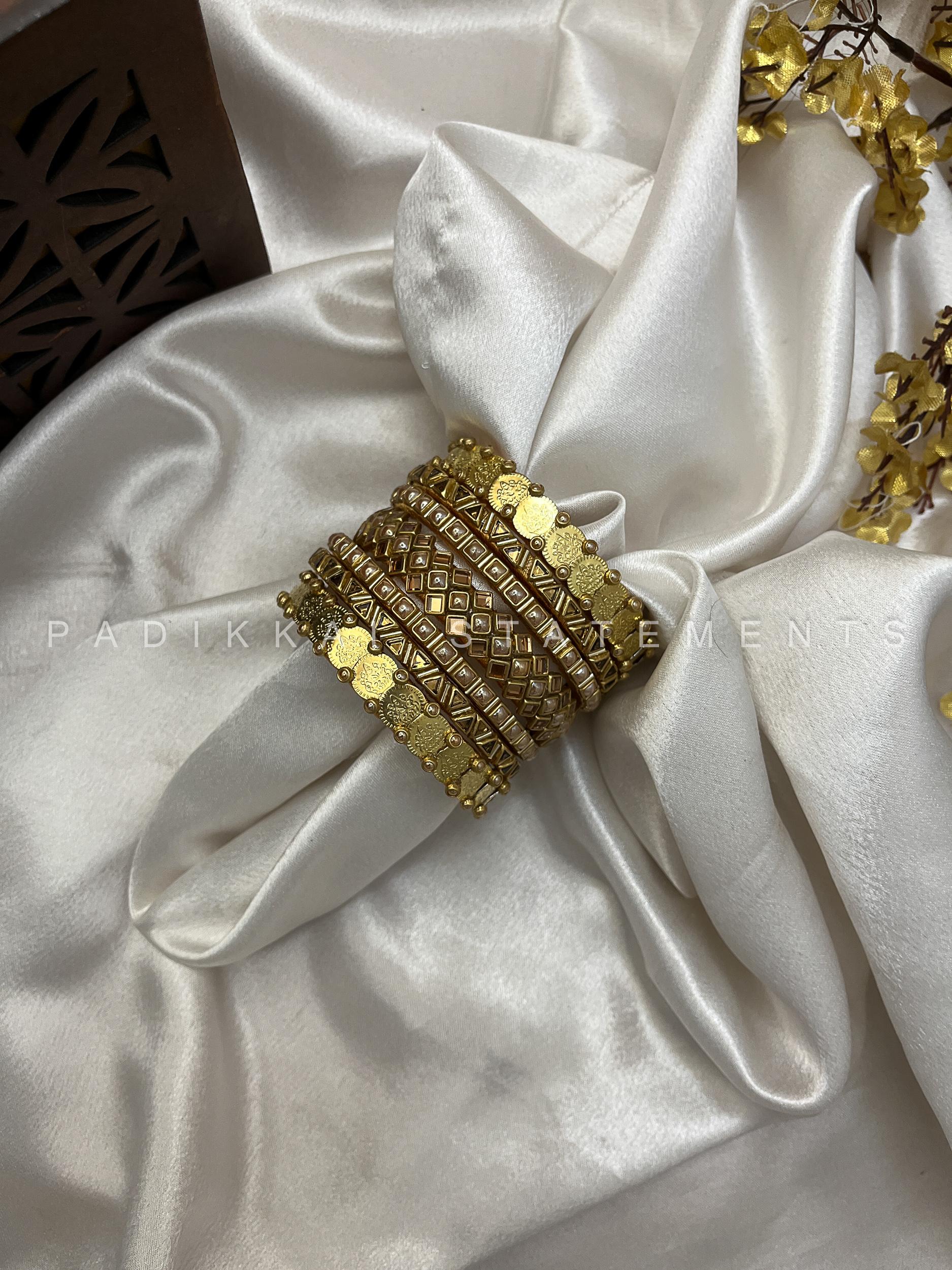 Swarna Lakshmi Coin Bangle Set - Pearl Gold and Glass Gold