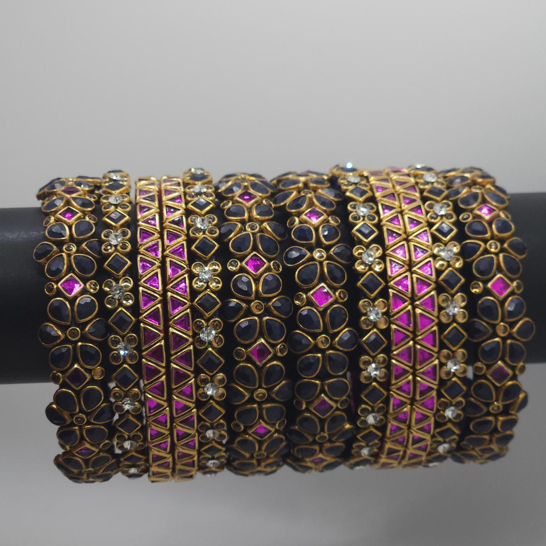 Handmade Thread Bangle Set  of 12 Pieces - Navy Blue & Pink Festive Stack Bangles