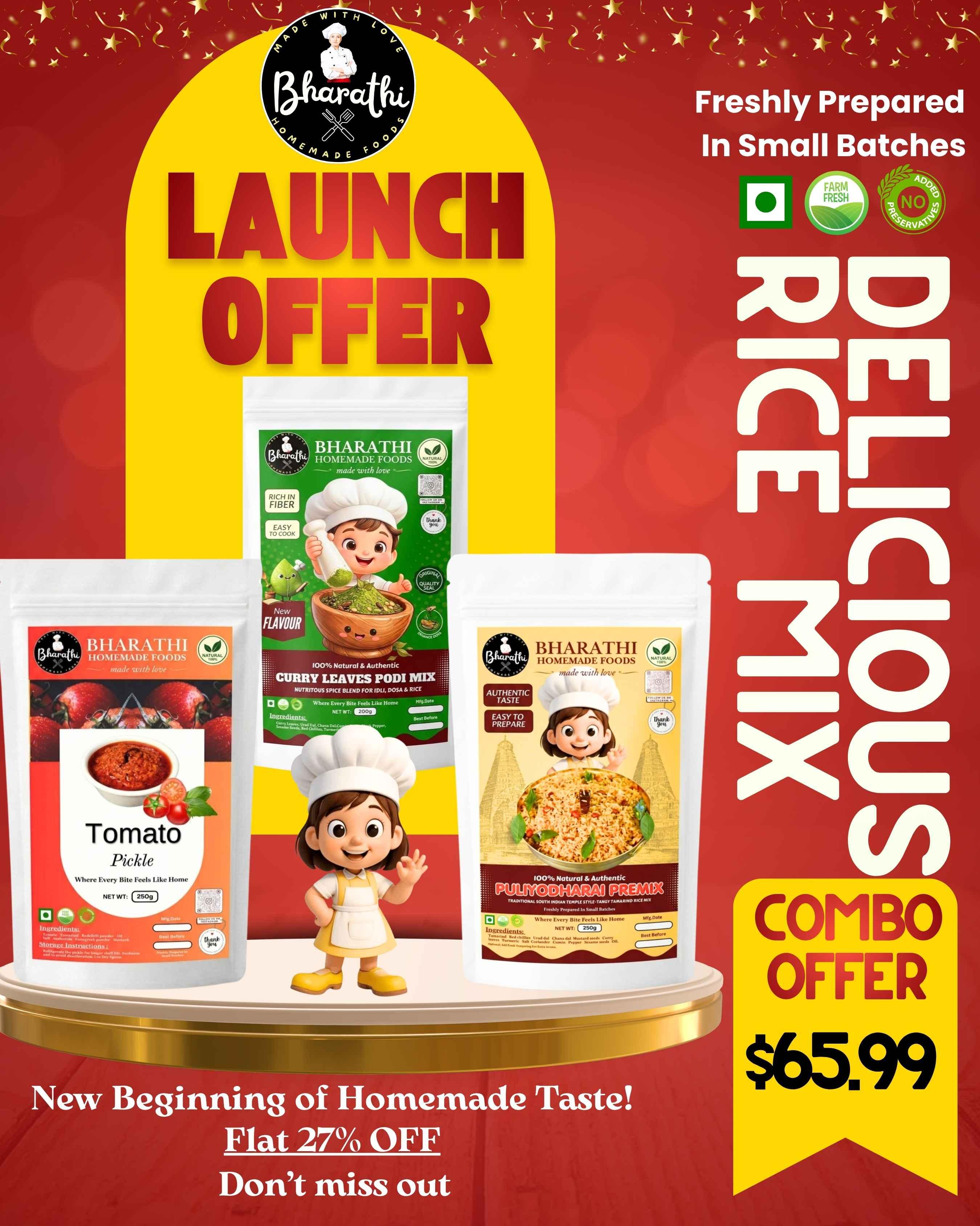 LAUNCH OFFER 3 IN 1 COMBO -TOMATO PICKLE - CURRY LEAVES PODI - PULIYODHARAI PREMIX