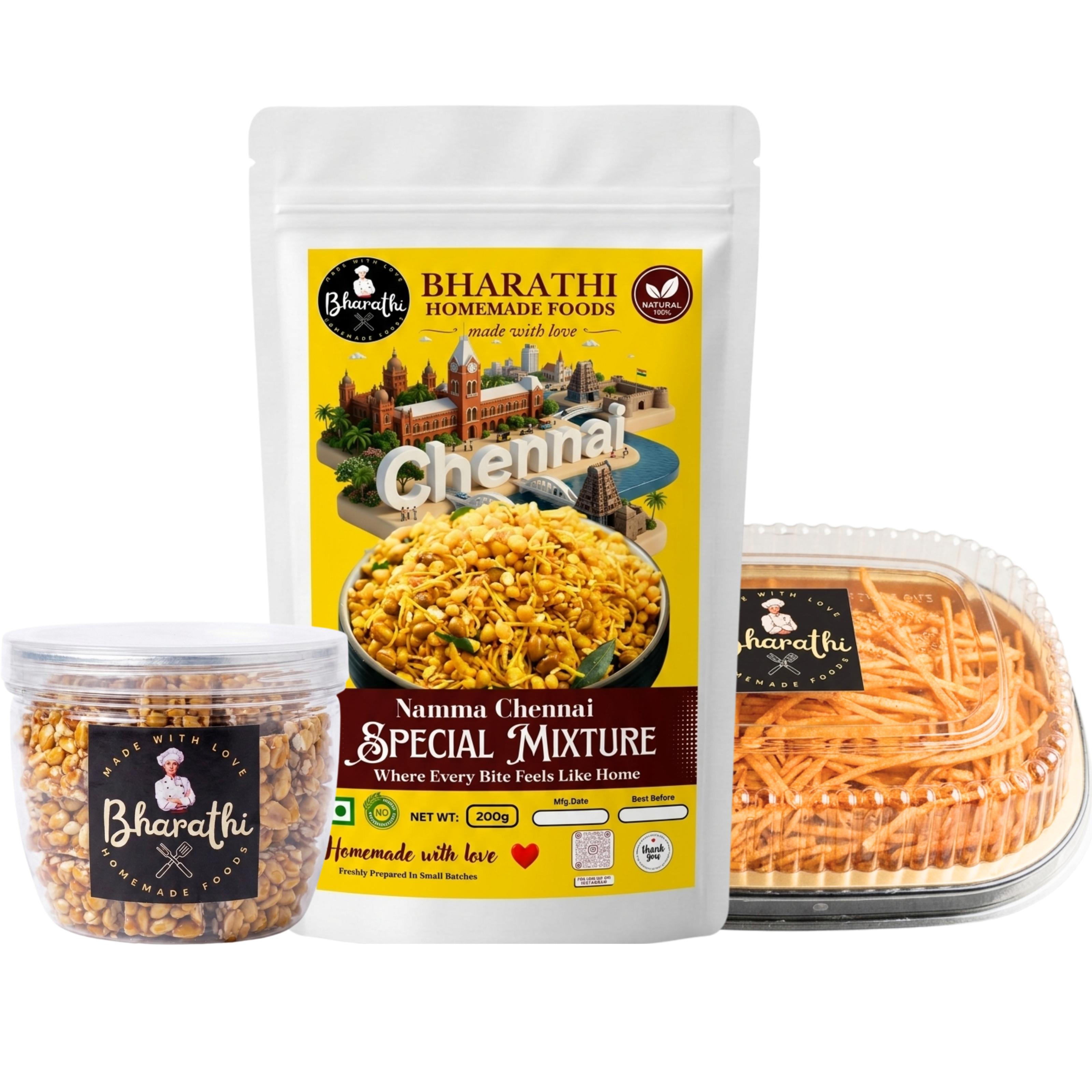 3-in-1 Combo Pack - Namma Chennai Special  Mixture - Peanut Chikki - Spicy Tapioca Chips