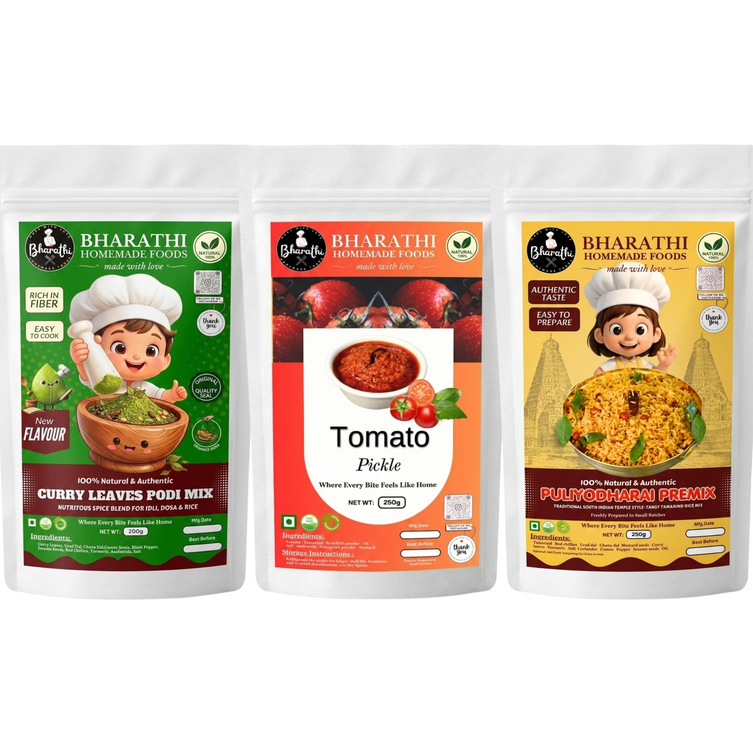 Tomato Pickle - Curry Leaves Podi - Puliyodharai Premix-  Special 3 in 1 COMBO