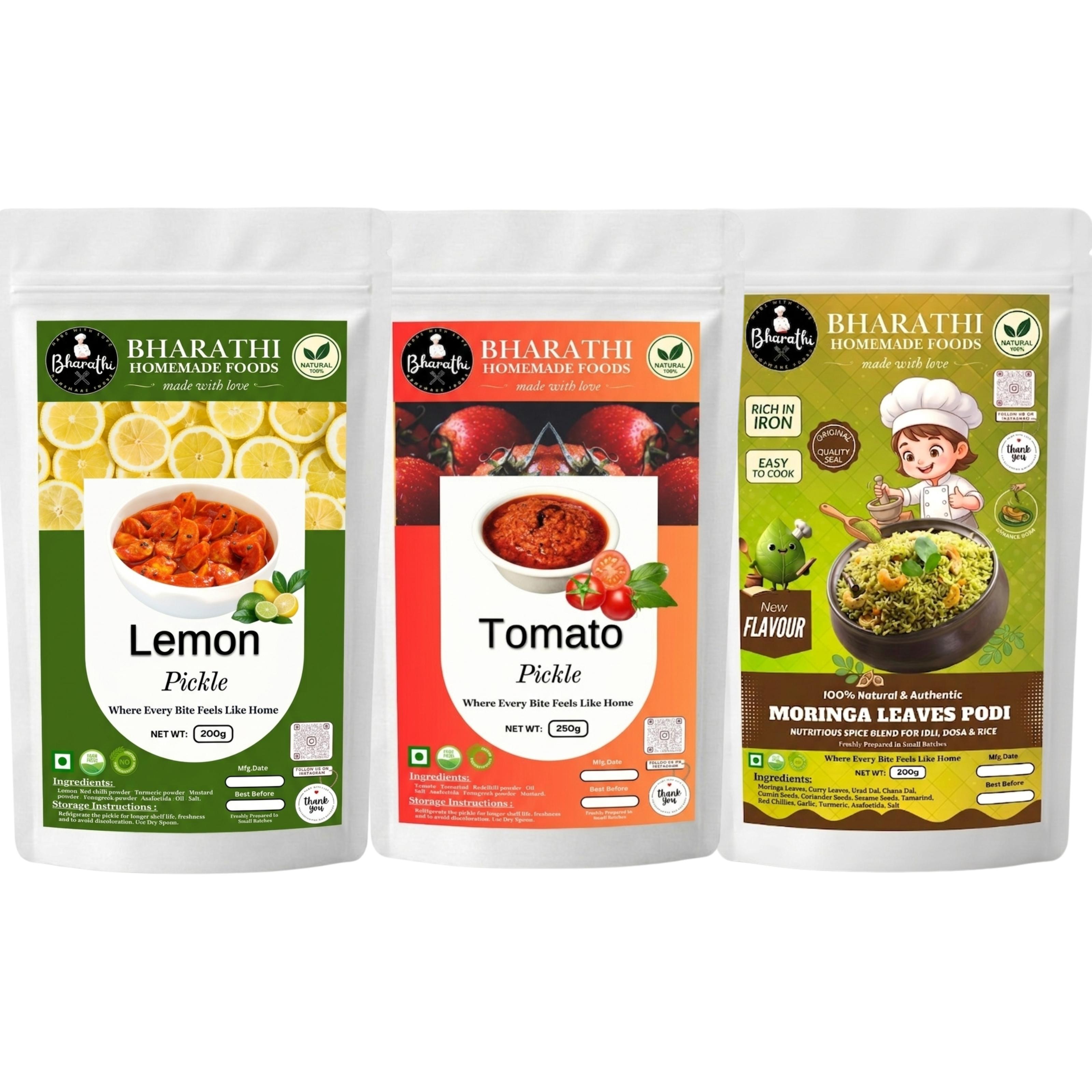 Lemon Pickle - Tomato Mix - Moringa Leaves Podi- 3 in 1 SPECIAL COMBO