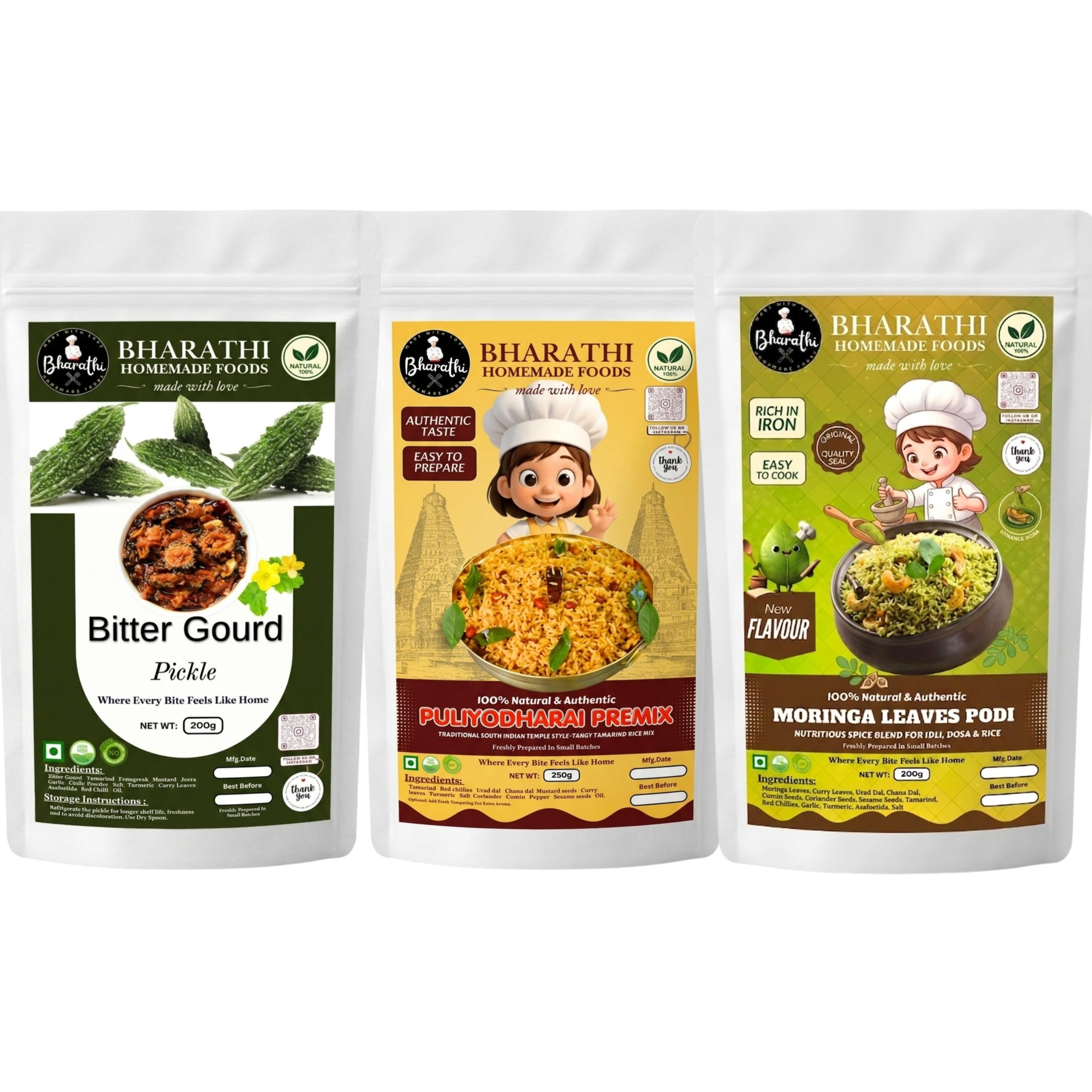 Bitter Gourd Pickle - Puliyodhorai Premix - Moringa Leaves Podi- SPECIAL COMBO 