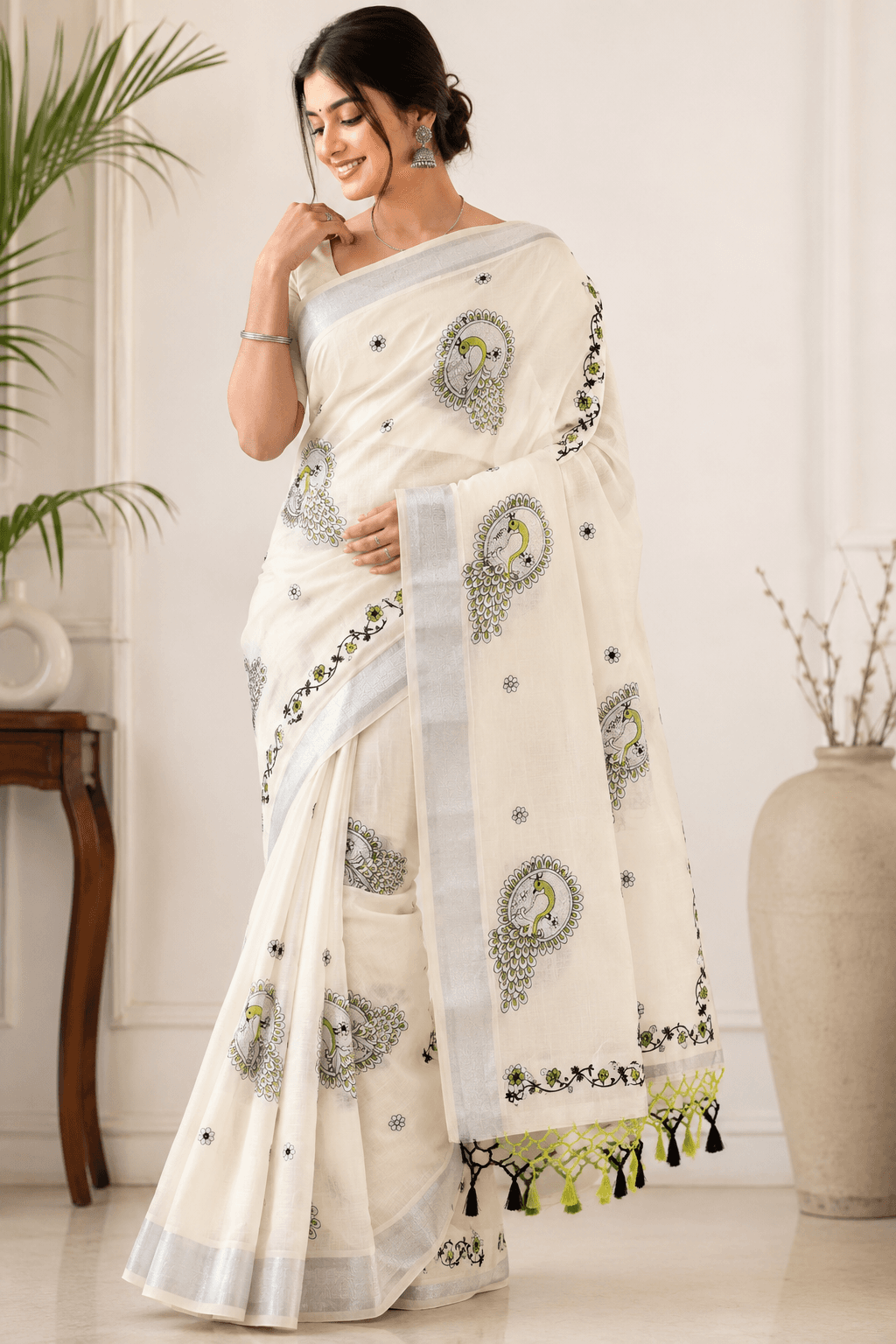 Off-White Kerala Cotton Saree with Peacock Embroidery, Silver Zari Border and Tassels