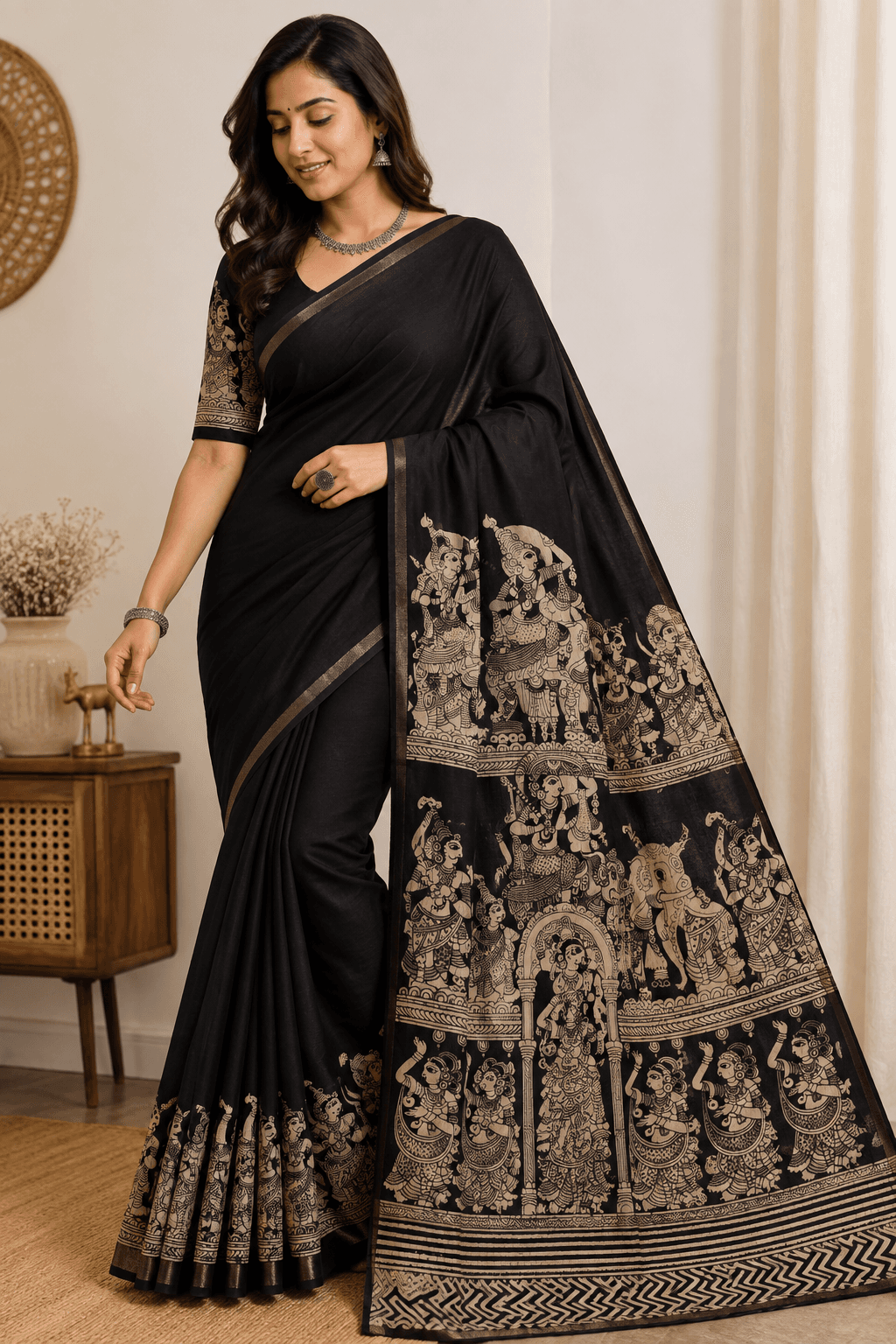 Women's Black Linen Cotton Saree with Traditional Kalamkari Print Pallu and Printed Unstitched Blouse 