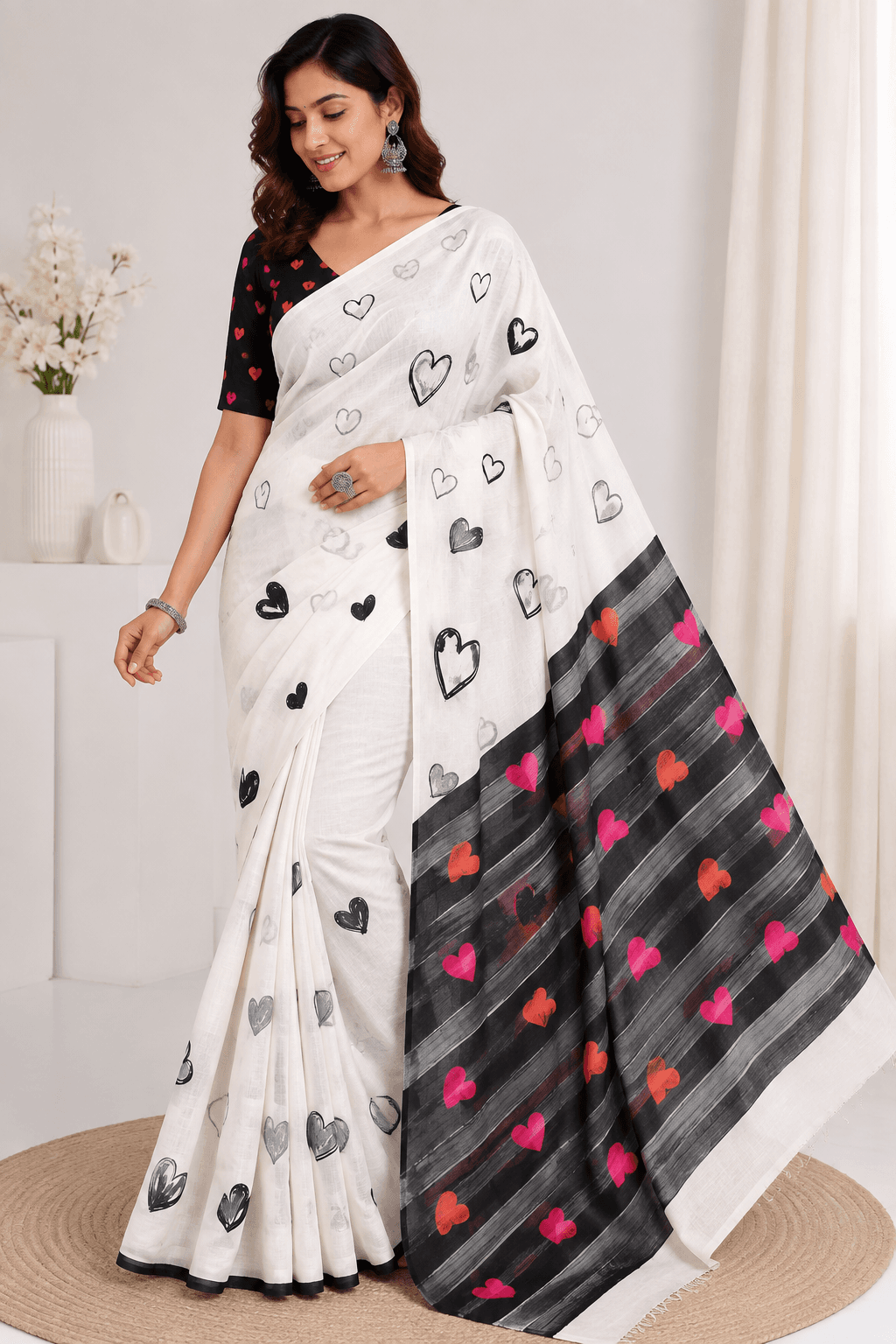 Women's White and Black Linen Cotton Heart Print Saree with Designer Heart Pallu with Printed  Unstitched blouse