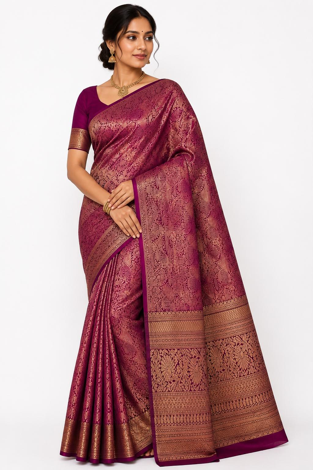 Kanchipuram Semi Silk Saree Magenta Purple Gold Zari Border