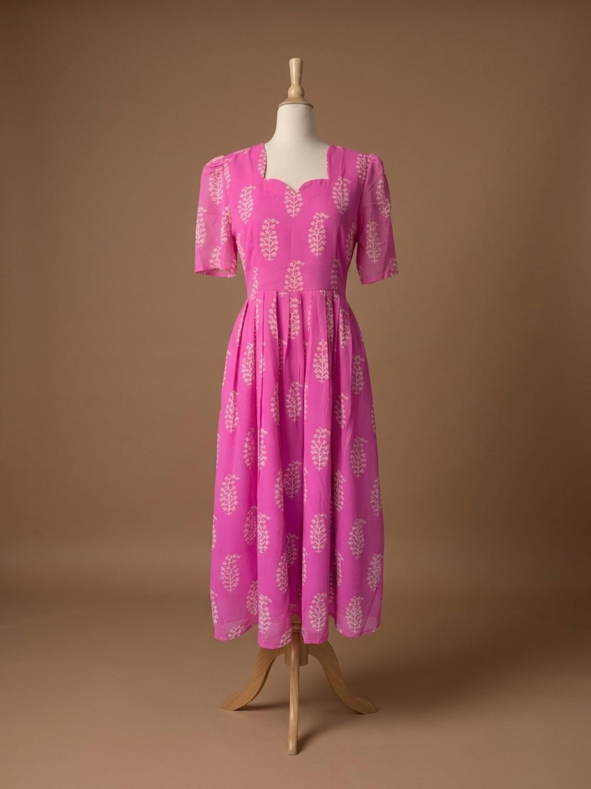 Fuchsia Pink Pure Georgette Block Print Maxi Dress with Pocket for Women