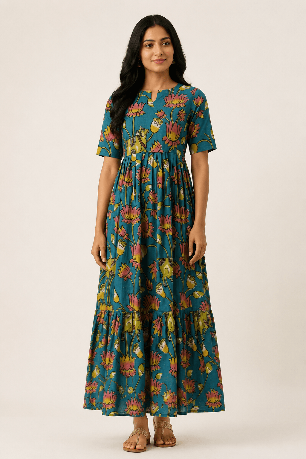 Sea Green Kalamkari Lotus Heritage Print Maxi Dress