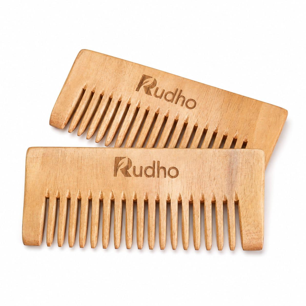 Rudho Natural Wooden Hair Comb  EcoFriendly Wide Tooth Comb for Gentle Hair &amp; Scalp Care