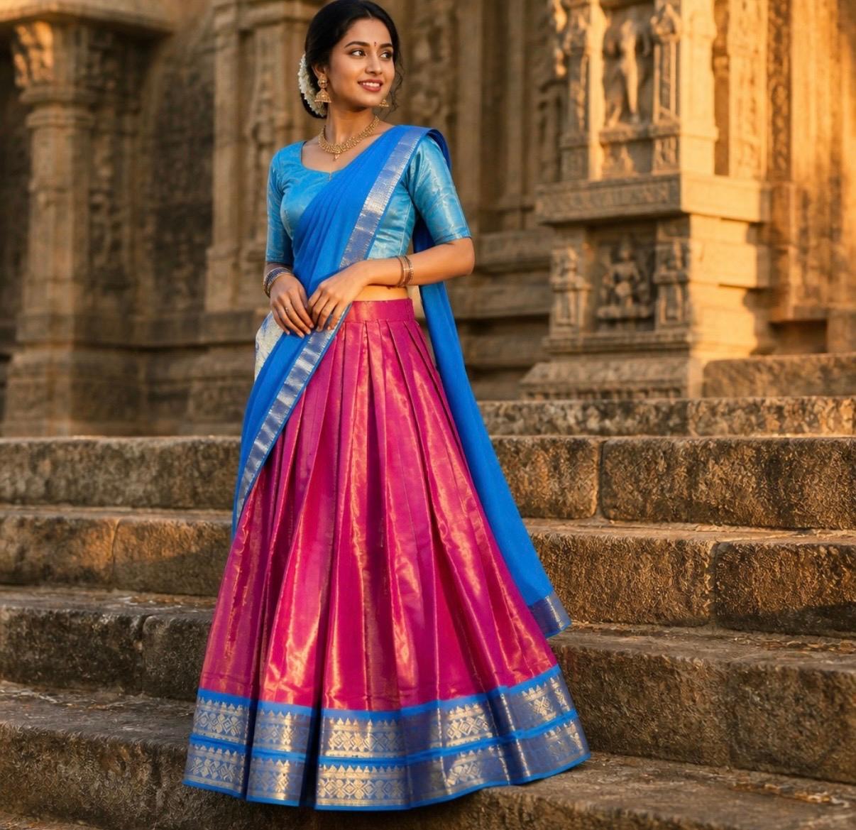 Royal Blue  with Magenta Pink Traditional Dhavani Set with Zari Border