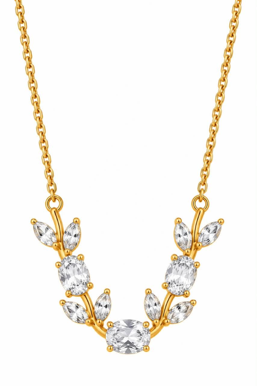 Anti-tarnish white crystal leaf V-shaped pendant chain