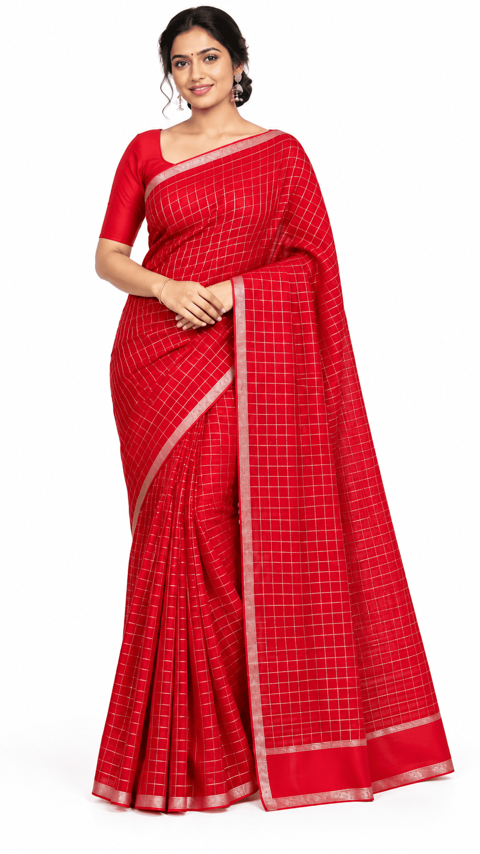 Red Checked Saree Silver Zari Border Indian Traditional Women's Ethnic Wear
