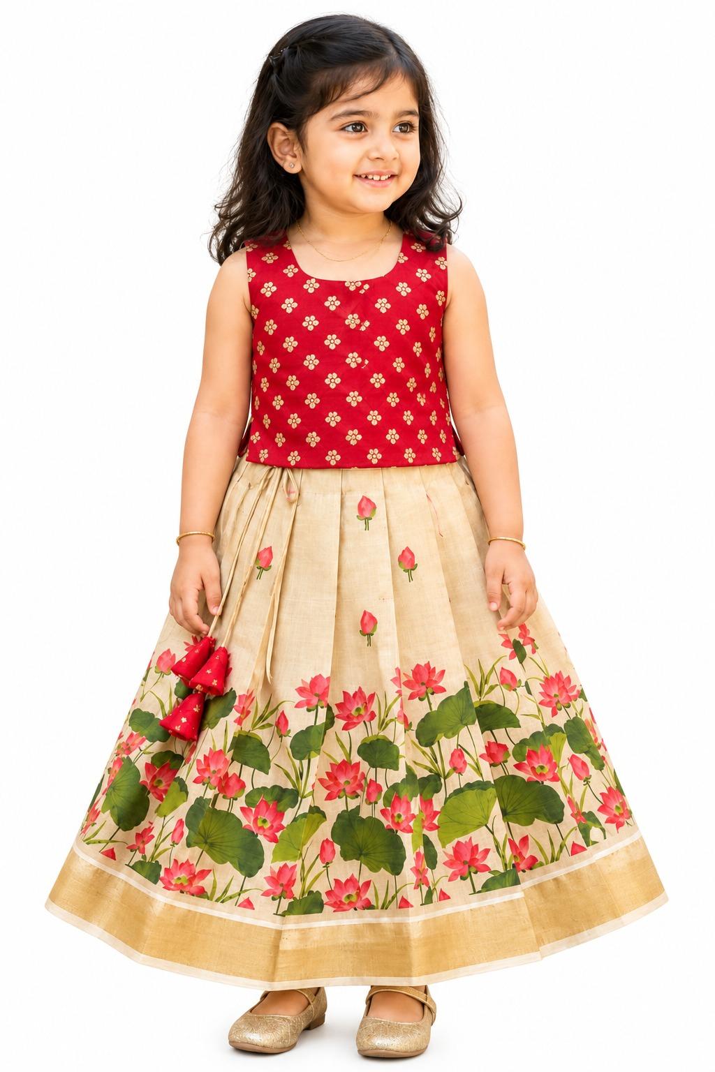 Ruby Red silk blouse with lotus petals skirt 