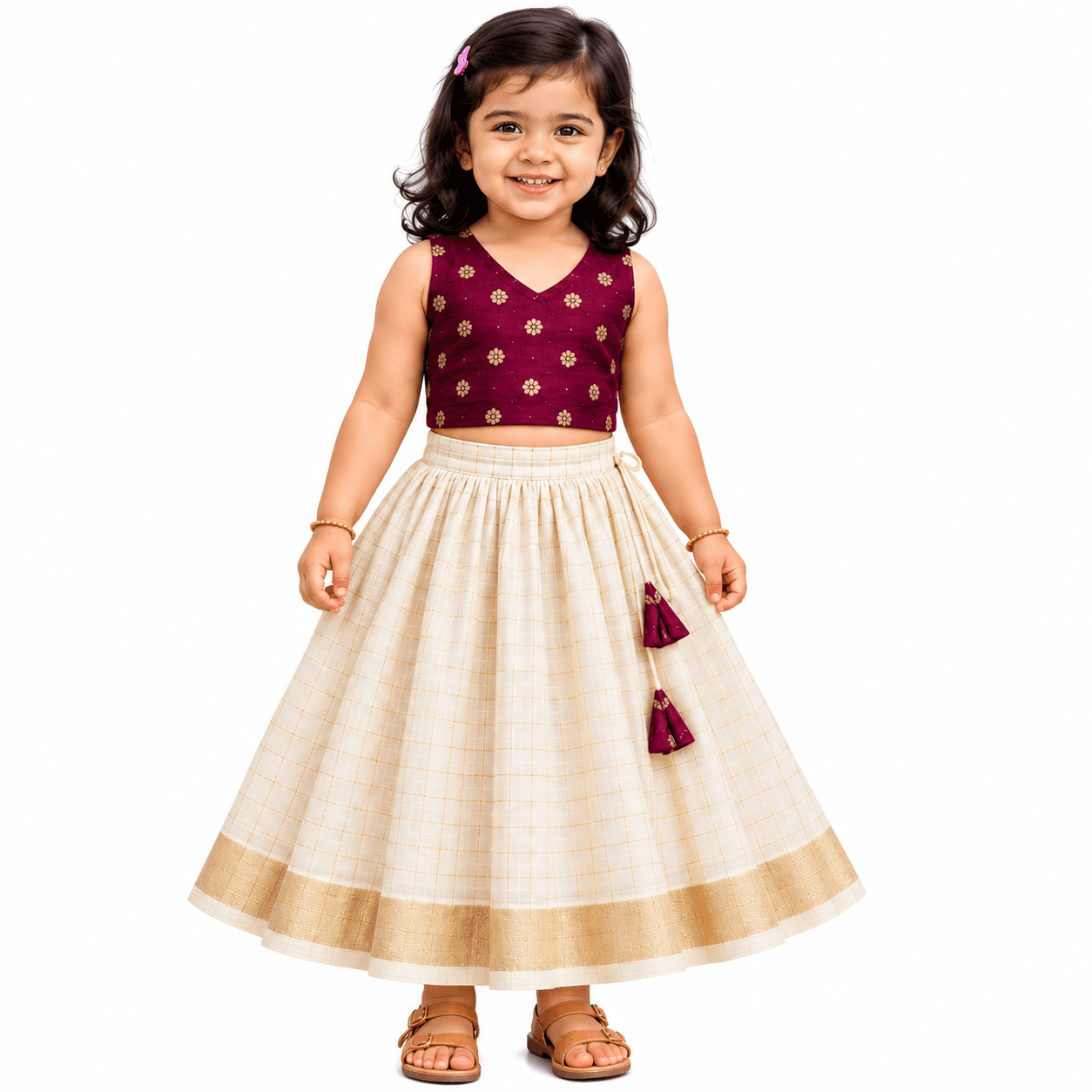 Wine tissue silk top &amp; hallwhite cheched skirt