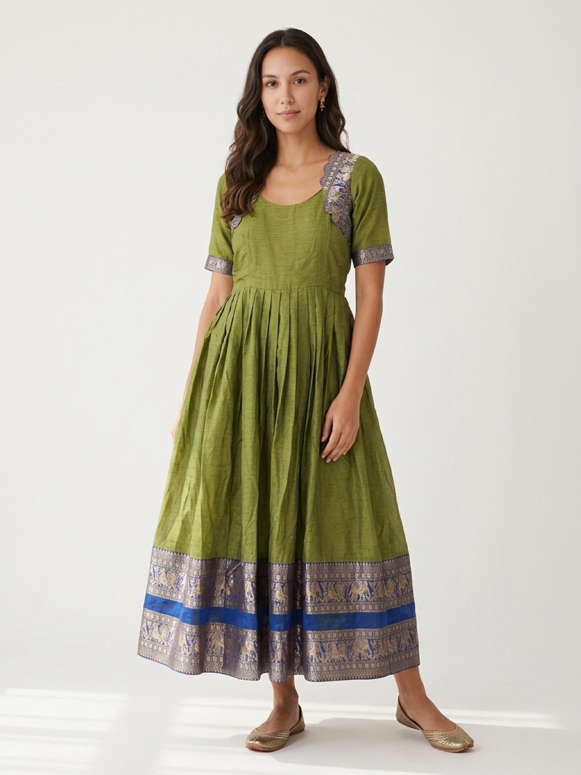 Olive Green Semi Cotton Silk Flared Ethnic Maxi