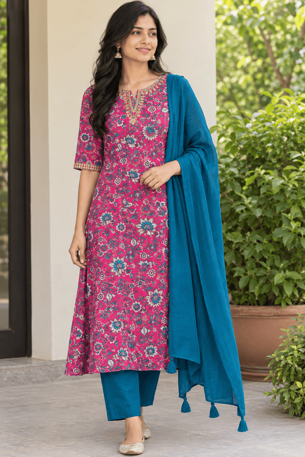 Pink Floral Printed 3-Piece Salwar Suit Set with Teal Blue Dupatta
