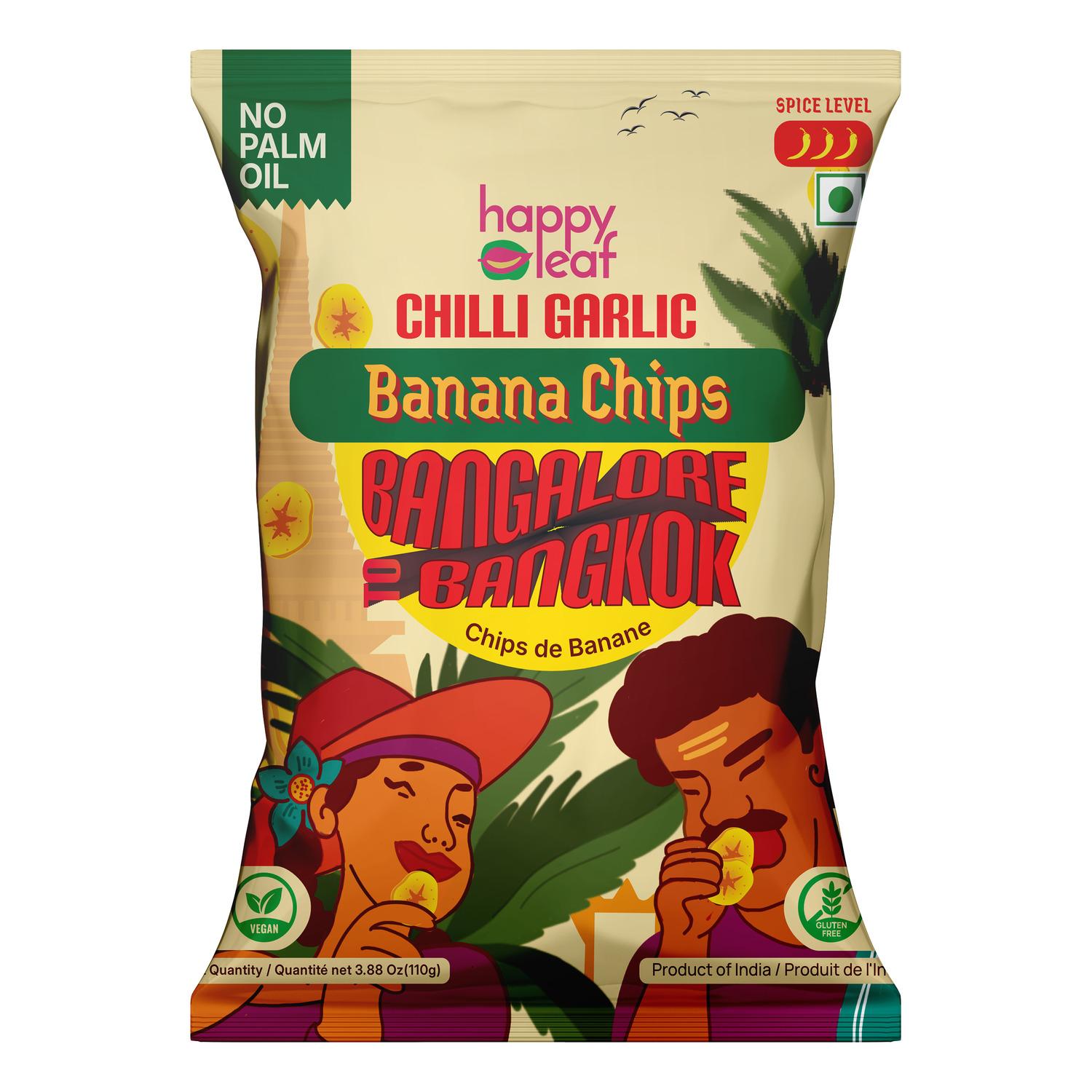 Happy Leaf Chilli Garlic Banana Chips - Spicy Crispy Snack 110 g