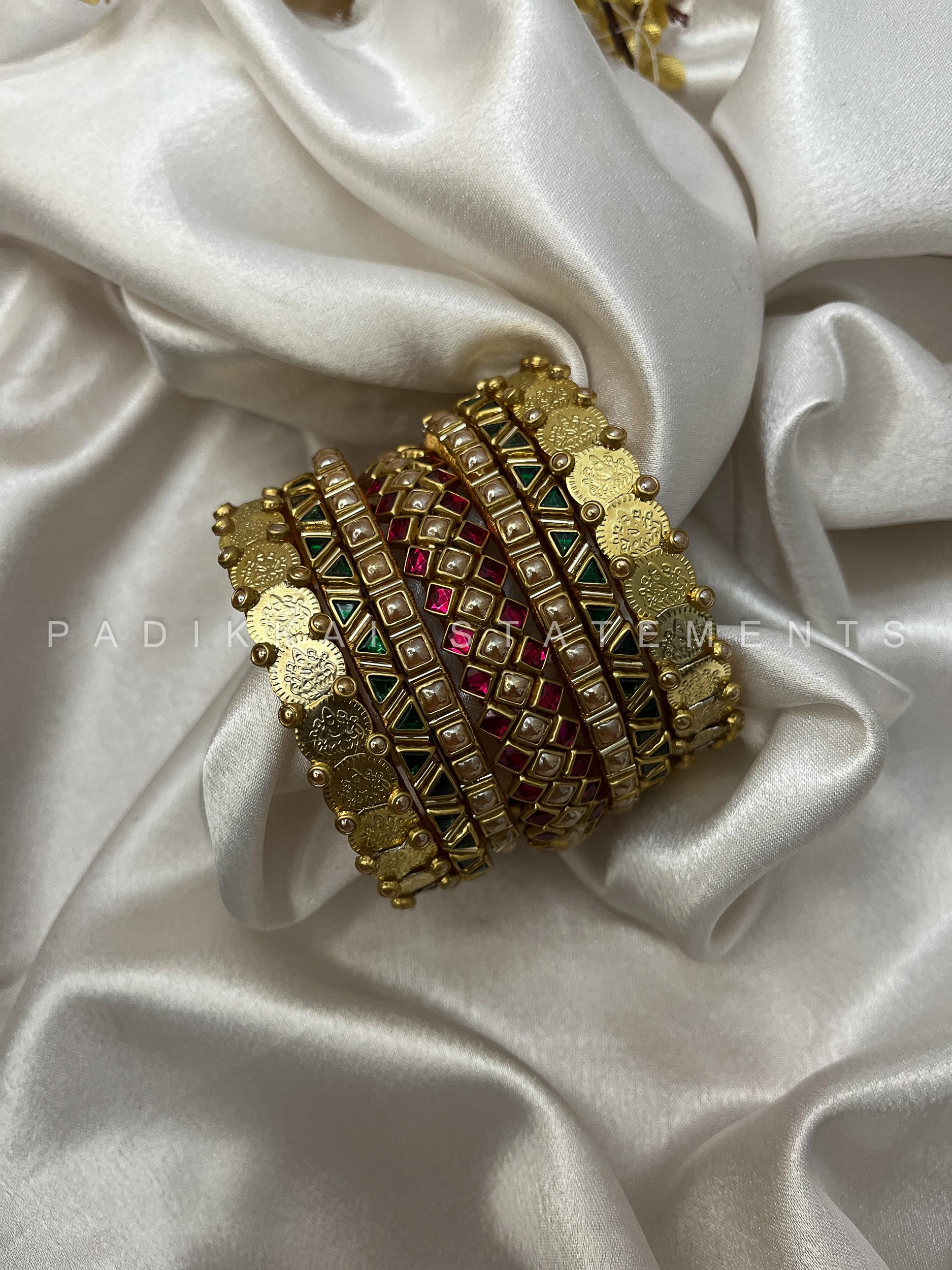 Royal Lakshmi Coin Bangle Set - Rani Pink and Dark Green Royal Lakshmi Coin Bangle Set - Rani Pink and Dark Green