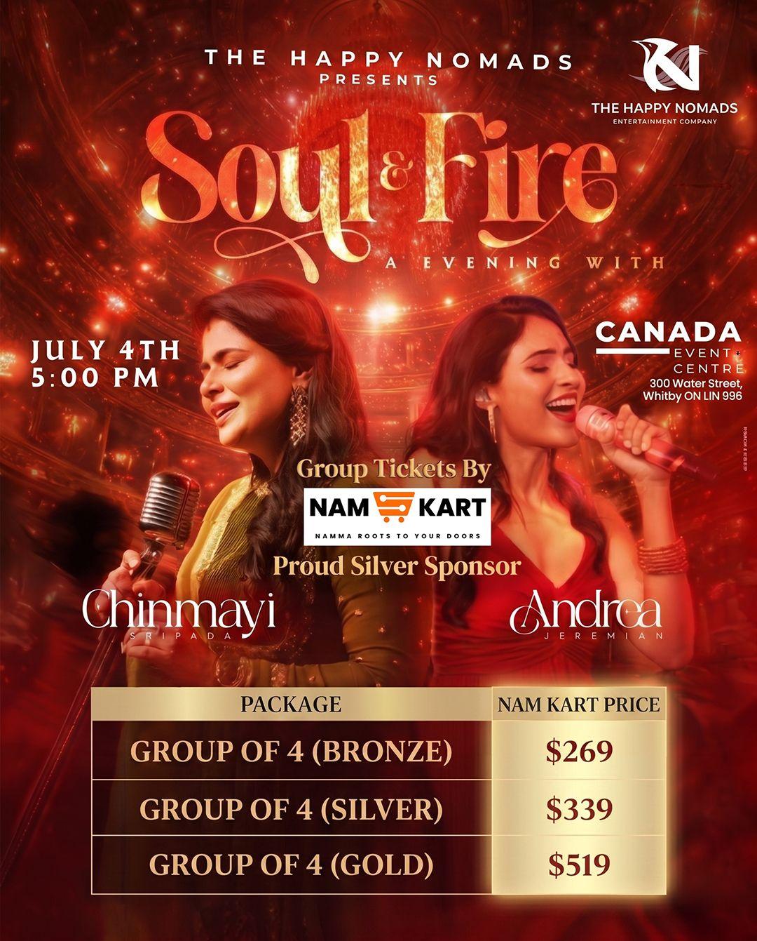Soul and Fire - Andrea and Chinmayi Concert - Exclusive Group Ticket 4 Soul and Fire - Andrea and Chinmayi Concert - Exclusive Group Ticket 4