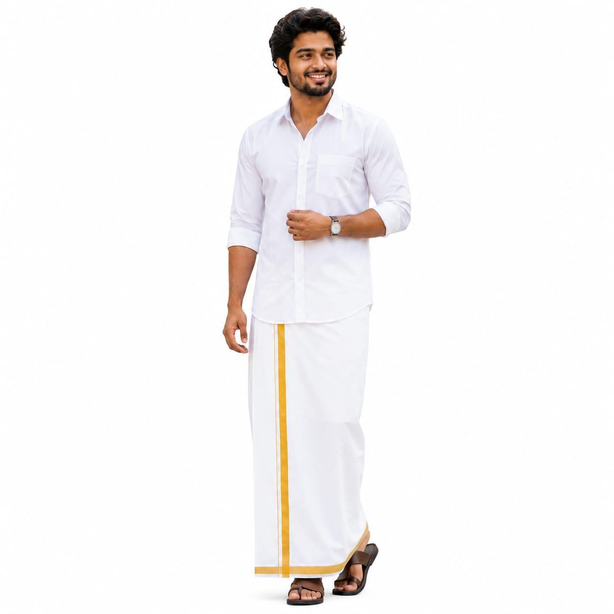 Premium Golden Zari Single Veshti 2 Meters Pure Cotton Hand-Woven Dhoti Premium Golden Zari Single Veshti 2 Meters Pure Cotton Hand-Woven Dhoti