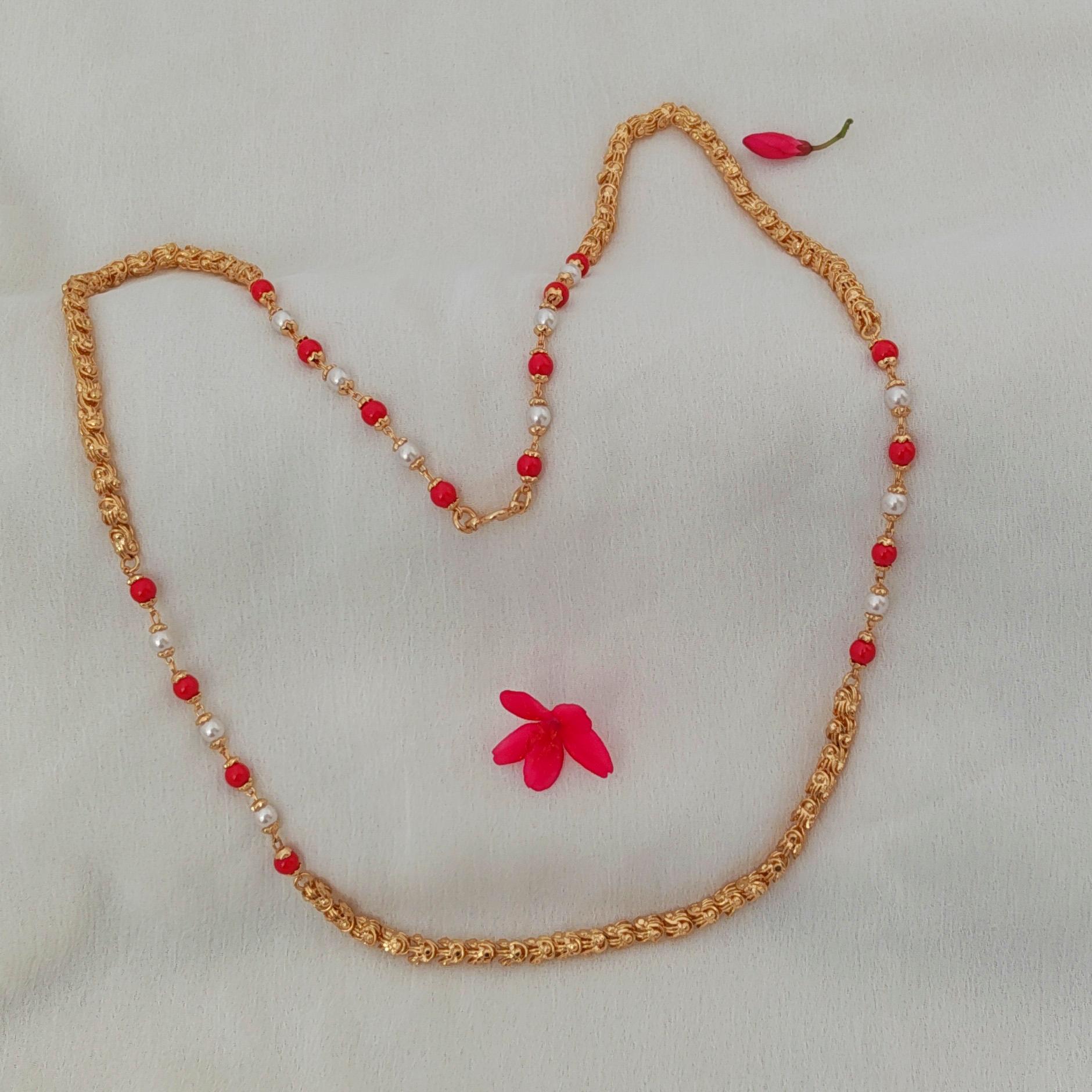 Gold Plated Chain with Artificial Pearl & Coral Beads Gold Plated Chain with Artificial Pearl & Coral Beads
