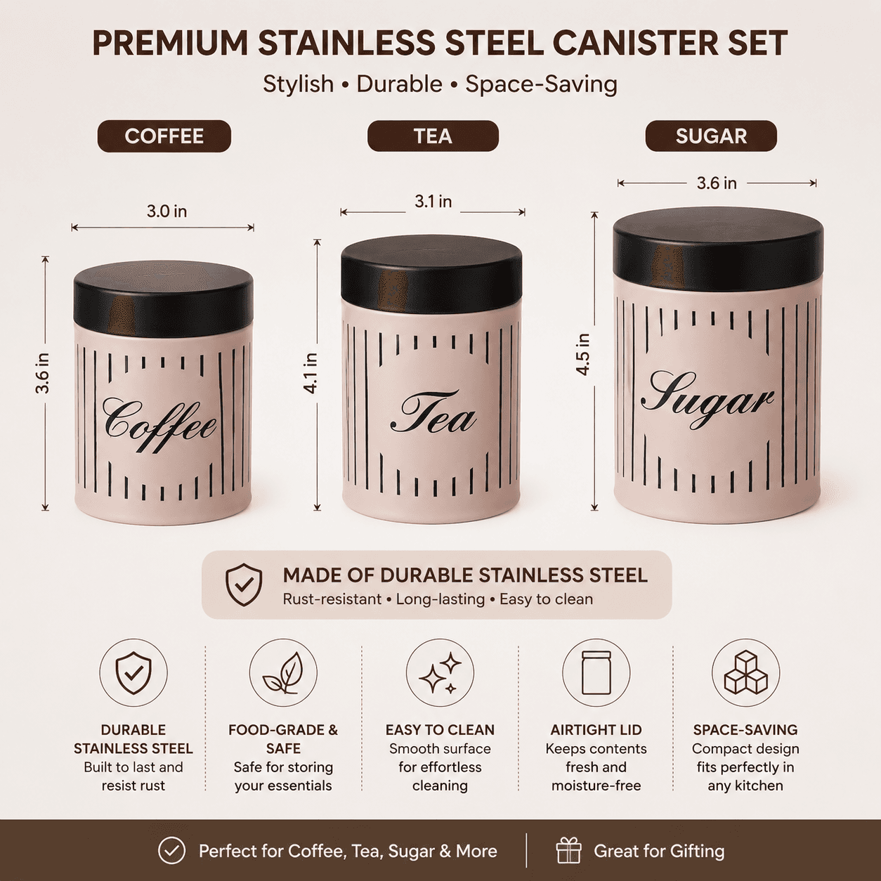 Premium Stainless Steel Pantry Organizer Canister Set 3-Piece Premium Stainless Steel Pantry Organizer Canister Set 3-Piece