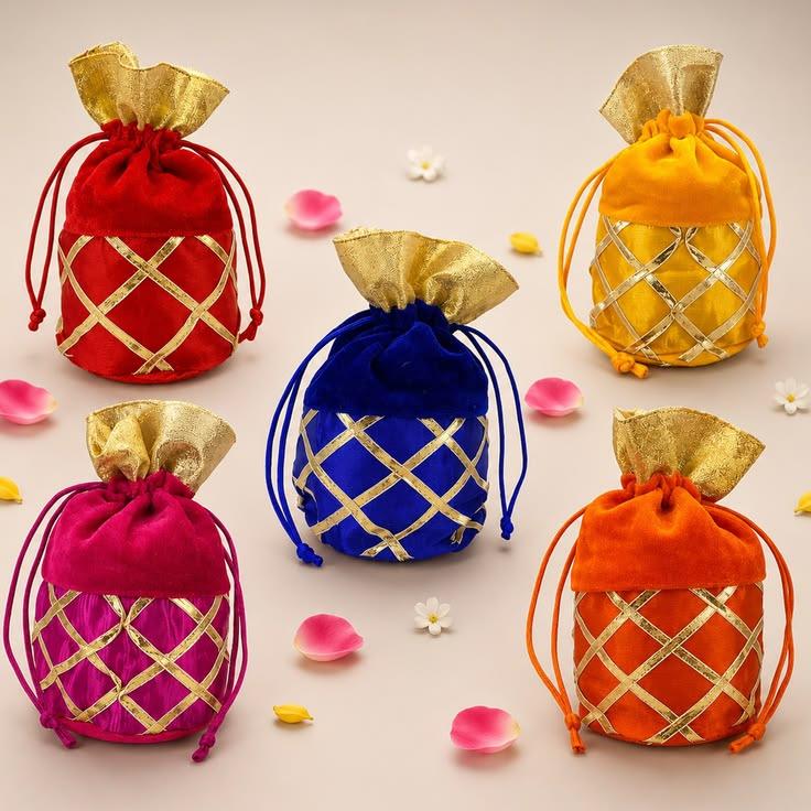 Velvet Potli Bags with Golden Zari Design - pack of 10 Velvet Potli Bags with Golden Zari Design - pack of 10
