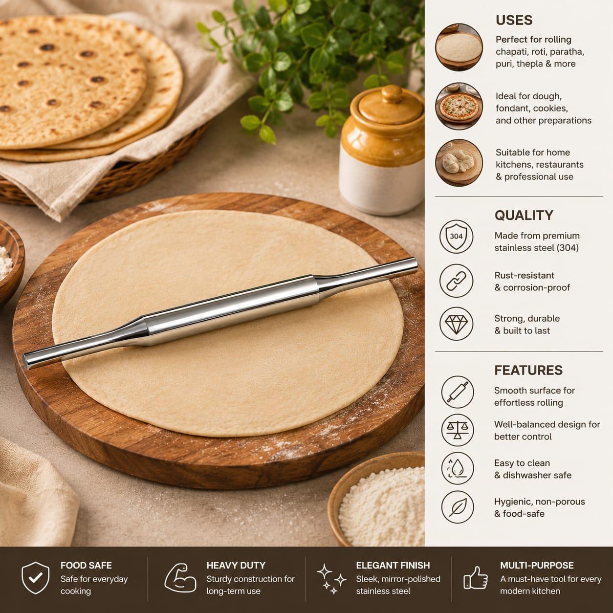 Premium Stainless Steel Lightweight Roti Rolling Pin - Food Grade Chapati & Dough Roller Premium Stainless Steel Lightweight Roti Rolling Pin - Food Grade Chapati & Dough Roller