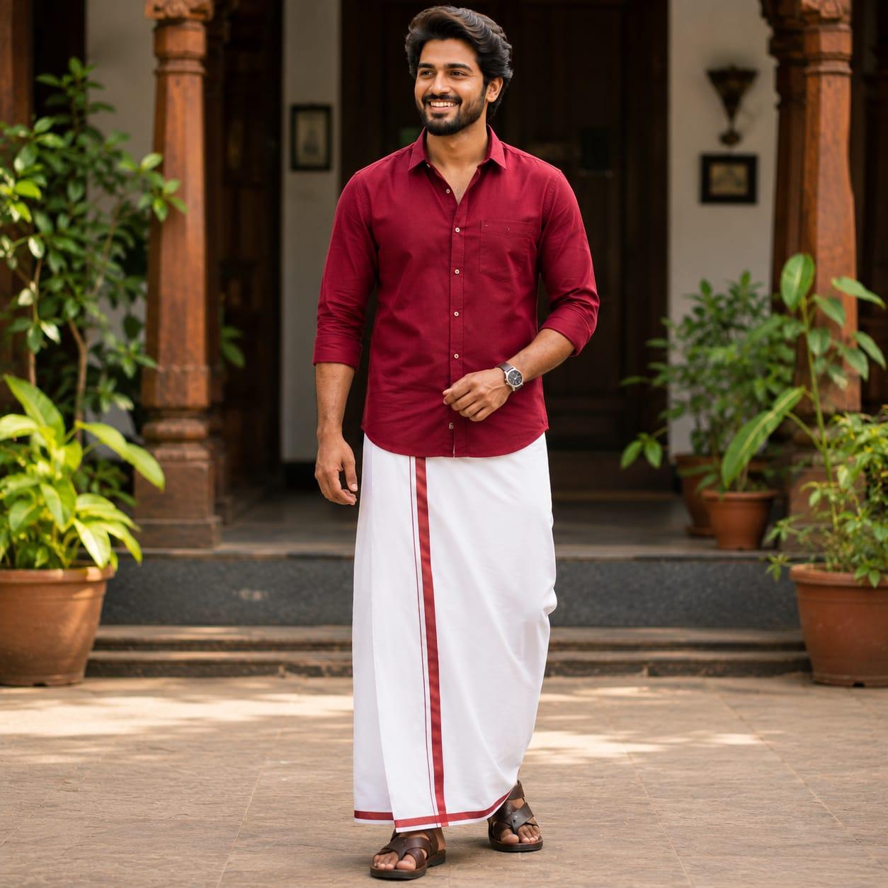 Single White Colour Thread maroon border Cotton Dhoti 2mts Single White Colour Thread maroon border Cotton Dhoti 2mts