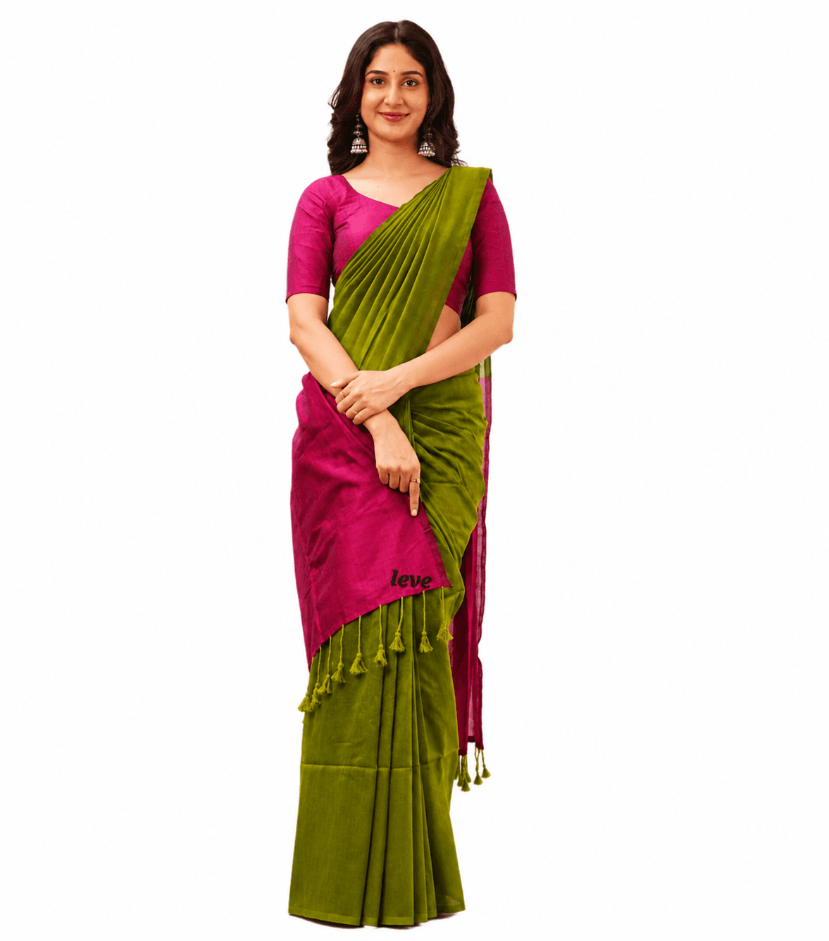 Women’s Olive Green and Magenta Khadi Cotton Saree with Contrast Pallu & Tassel Border Women’s Olive Green and Magenta Khadi Cotton Saree with Contrast Pallu & Tassel Border
