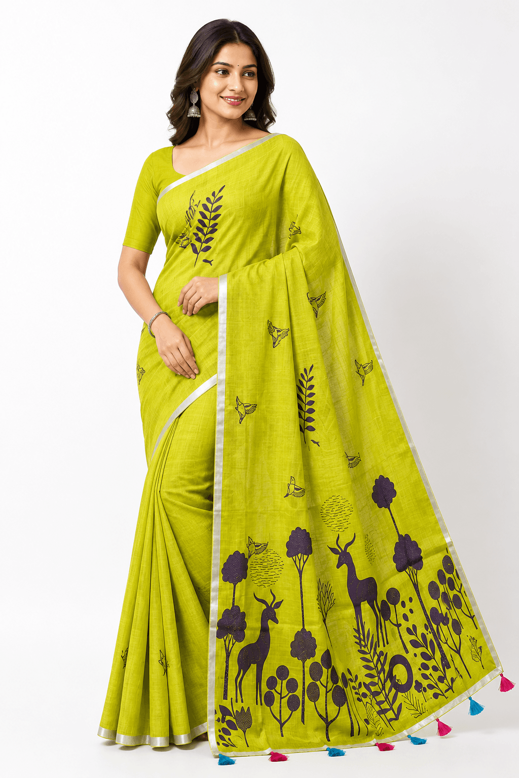 Women’s Light Green Linen Cotton Saree with Nature Print, Silver Zari Border and Tassel Pallu. Women’s Light Green Linen Cotton Saree with Nature Print, Silver Zari Border and Tassel Pallu.