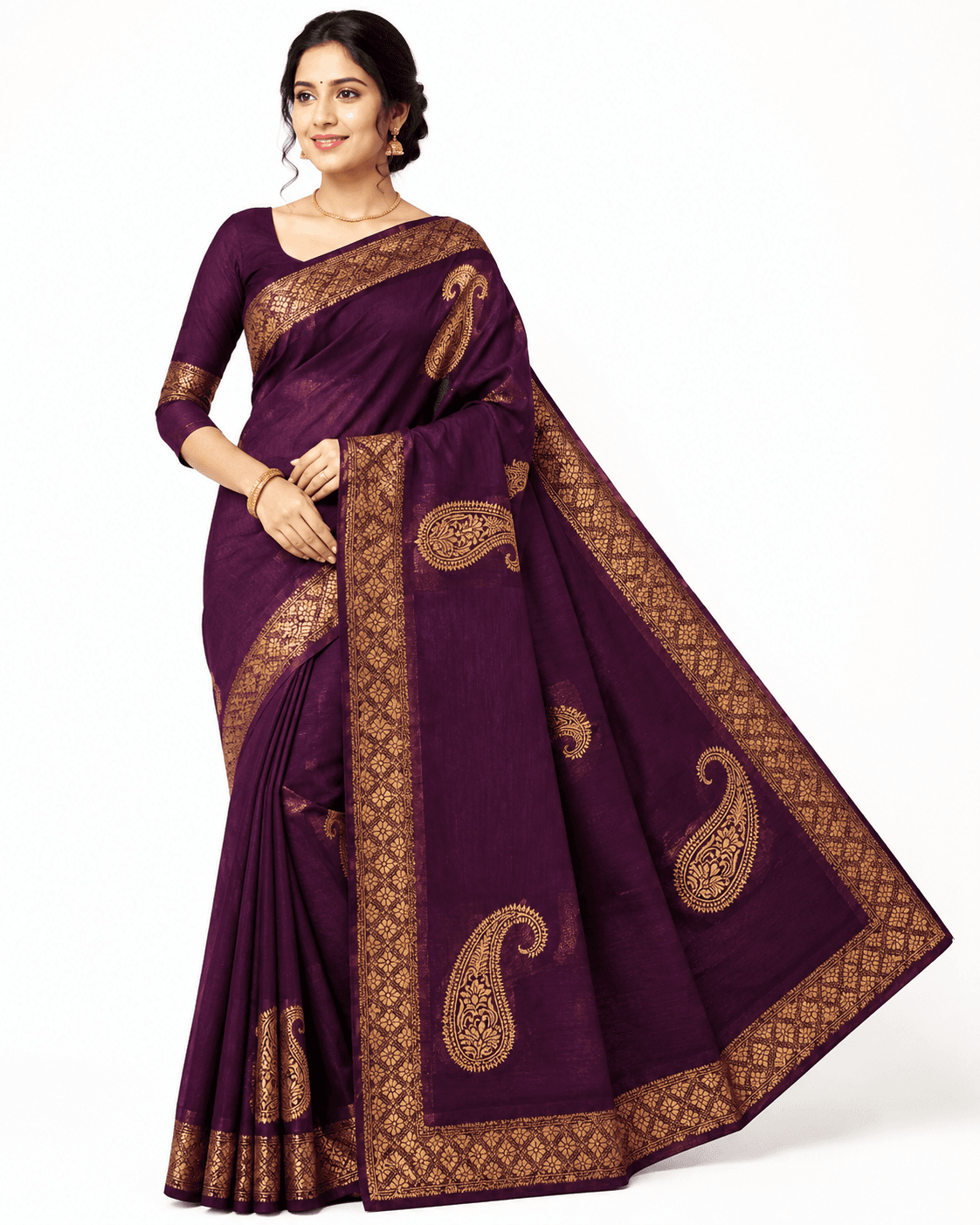 Women’s Wine Silk Cotton Saree with Golden Paisley Zari Border with Running Blouse – Traditional Festive Wear Women’s Wine Silk Cotton Saree with Golden Paisley Zari Border with Running Blouse – Traditional Festive Wear
