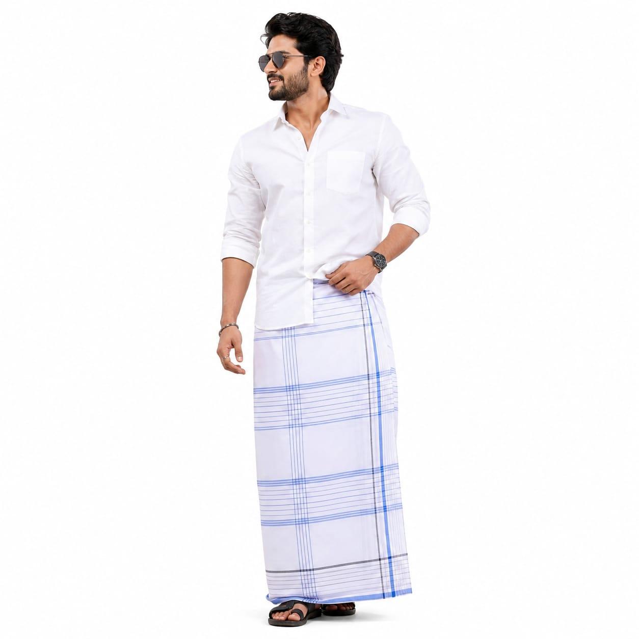 White Checked veshti 2.10mts pure Cotton Dhoti White Checked veshti 2.10mts pure Cotton Dhoti