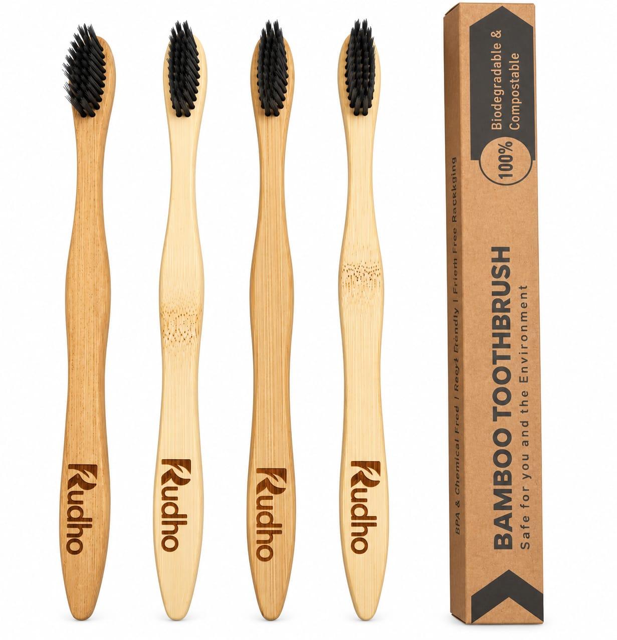 Rudho Bamboo Toothbrush Black Bristles EcoFriendly Combo Pack of 4 Rudho Bamboo Toothbrush Black Bristles EcoFriendly Combo Pack of 4