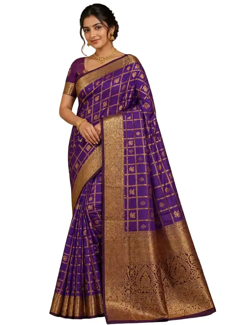 Purple Gold Kanchipuram Silk Saree, Traditional South Indian Wedding Saree, Zari Border Silk Saree for Women Purple Gold Kanchipuram Silk Saree, Traditional South Indian Wedding Saree, Zari Border Silk Saree for Women