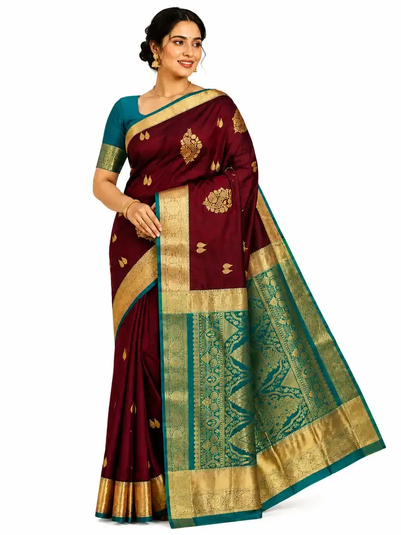 Kanchipuram Silk Saree Maroon Teal Blue Wedding Saree Gold Zari Woven South Indian Bridal Saree for Women Kanchipuram Silk Saree Maroon Teal Blue Wedding Saree Gold Zari Woven South Indian Bridal Saree for Women