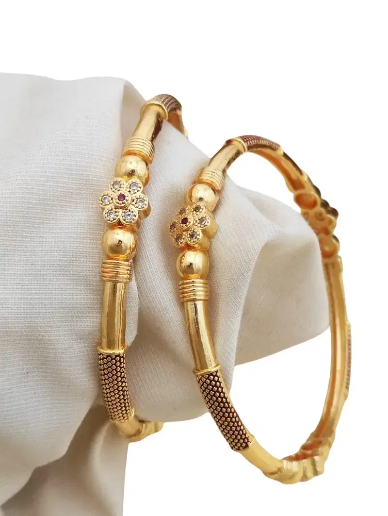 Gold Lookalike Floral Kada Bangle Set for Women | American Diamond Designer Bangles | Pair of 2 Gold Lookalike Floral Kada Bangle Set for Women | American Diamond Designer Bangles | Pair of 2
