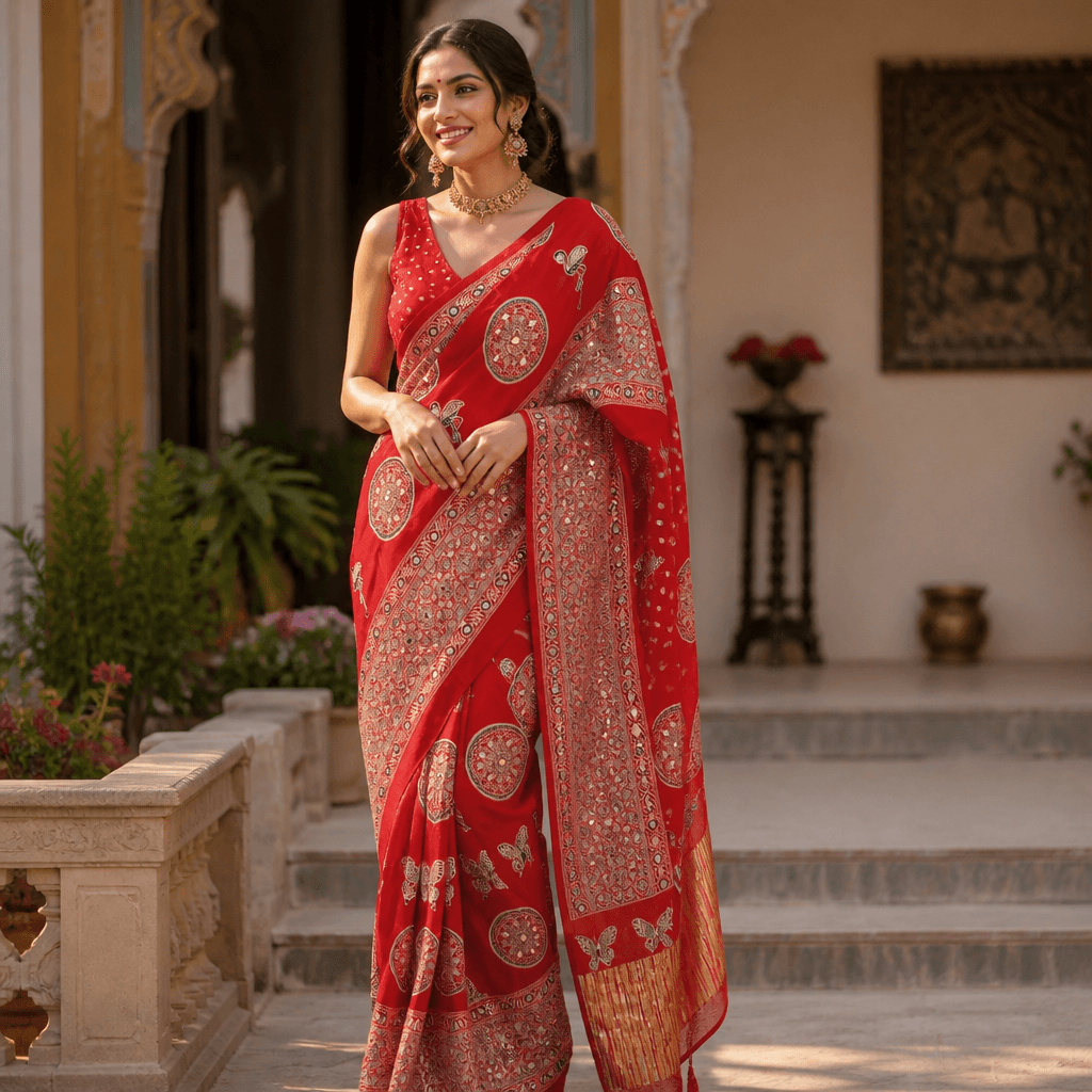 Pure Modal Silk Saree with Authentic Ajrakh Hand Block Print, Mirror Work with Crushed Tissue Pallu Pure Modal Silk Saree with Authentic Ajrakh Hand Block Print, Mirror Work with Crushed Tissue Pallu