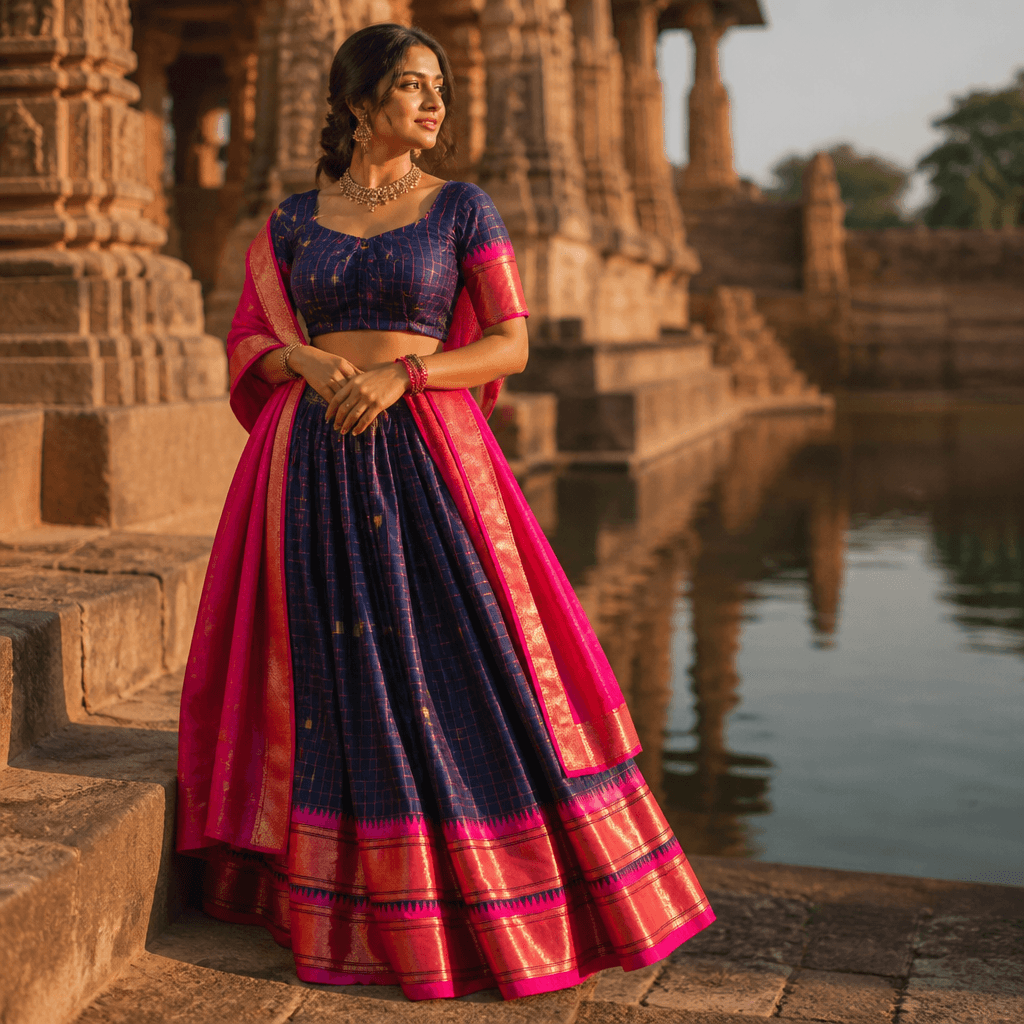Traditional Dhavani Set with Flared Long Skirt, Back-Open Blouse with Dupatta Traditional Dhavani Set with Flared Long Skirt, Back-Open Blouse with Dupatta