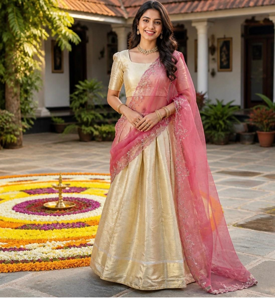 Cream Gold with Pink Traditional Dhavani Set with Embroidered Dupatta Cream Gold with Pink Traditional Dhavani Set with Embroidered Dupatta