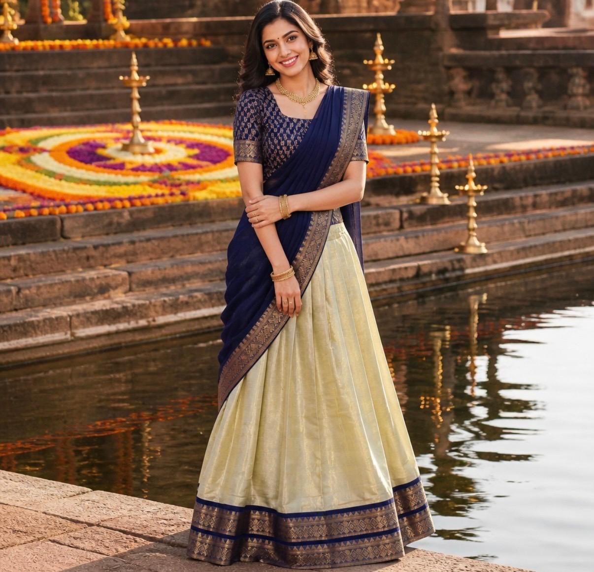 Pastel Green with Navy Blue Traditional Lehenga Set with Antique Gold Zari Pastel Green with Navy Blue Traditional Lehenga Set with Antique Gold Zari