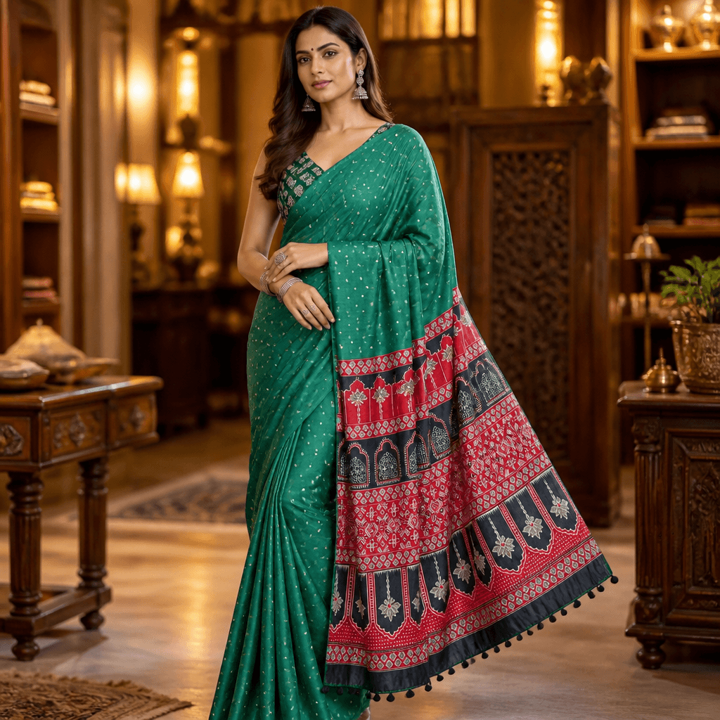 Green Modal Silk Saree with Mirror Work with Green Ajrakh Printed Blouse Green Modal Silk Saree with Mirror Work with Green Ajrakh Printed Blouse