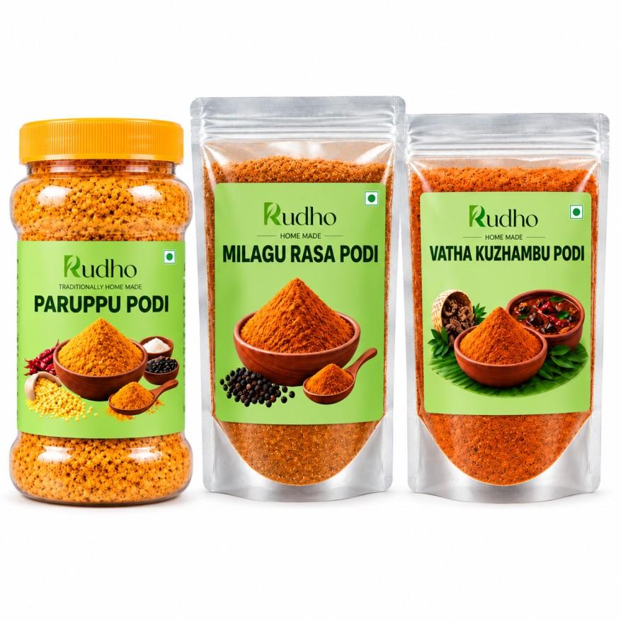 Rudho Traditional Lunch Starter Combo Paruppu Podi, Milagu Rasam Podi and Vatha Kuzhambu Podi Rudho Traditional Lunch Starter Combo Paruppu Podi, Milagu Rasam Podi and Vatha Kuzhambu Podi